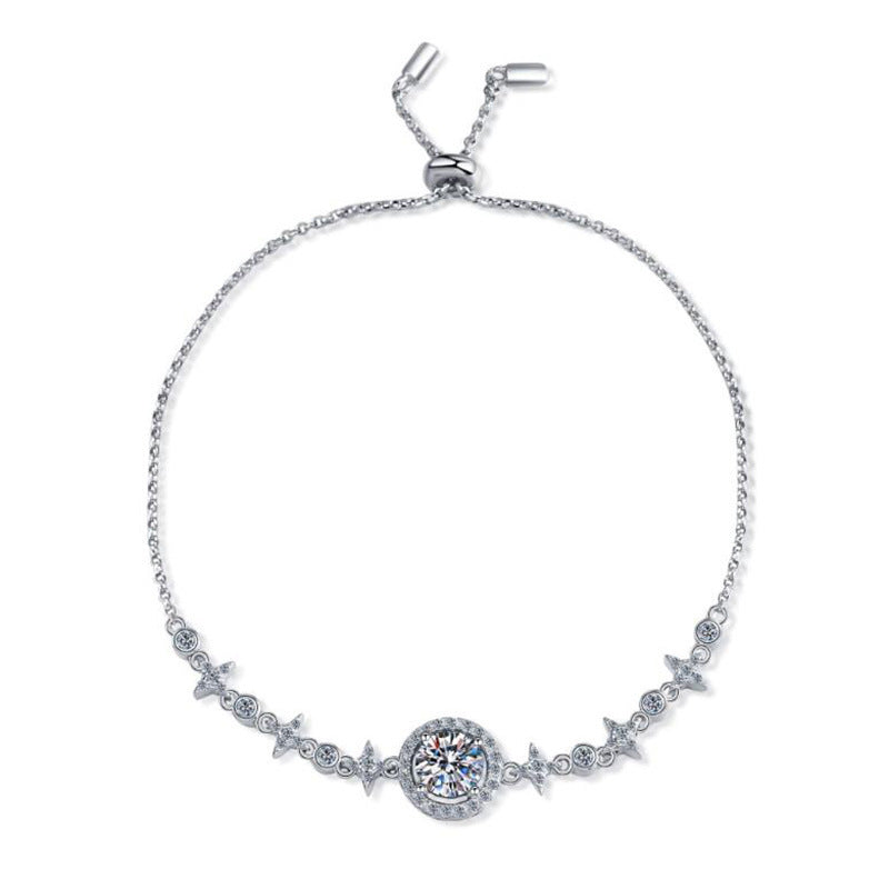 S925 Sterling Silver Moissanite "Star and Moon" Bracelet (Round Bezel Setting)