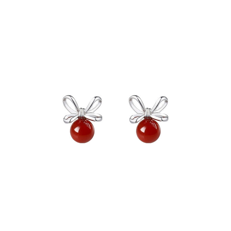 S925 sterling silver red agate bowknot earrings