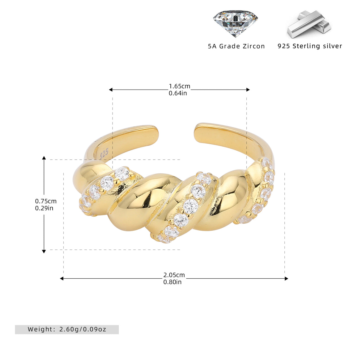 S925 Sterling Silver Ring with Zirconia Inlay, Croissant Braid Pattern