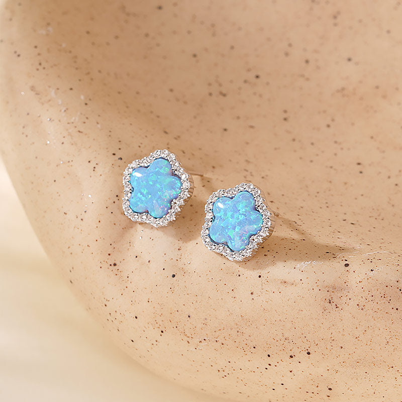 925 Sterling Silver Floral Stud Earrings with Opal and Zirconia