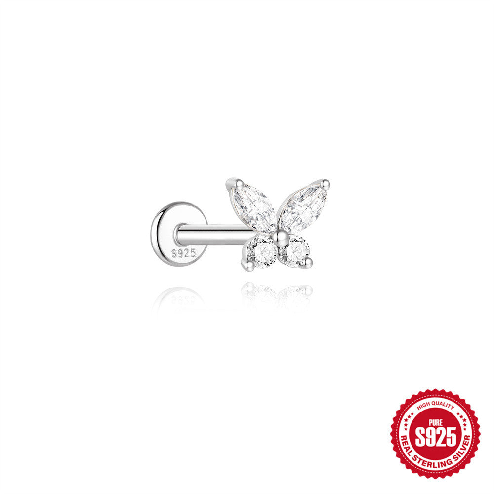 S925 Sterling Silver Spiral Cartilage Stud with Butterfly and Moissanite