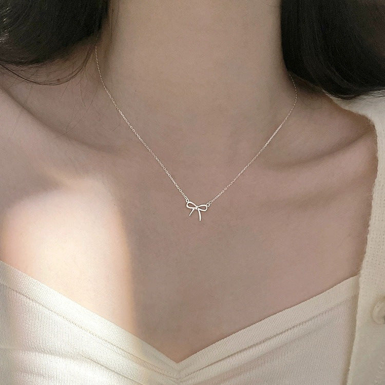 925 sterling silver bow pendant necklace - silvery