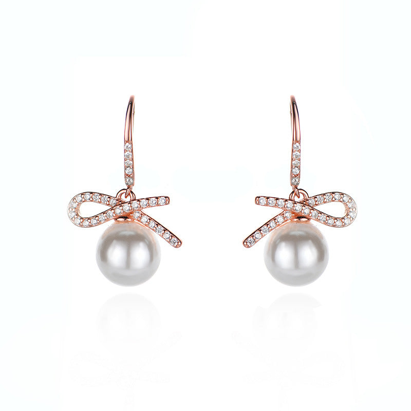 925 sterling silver bow imitation pearl pendant earrings