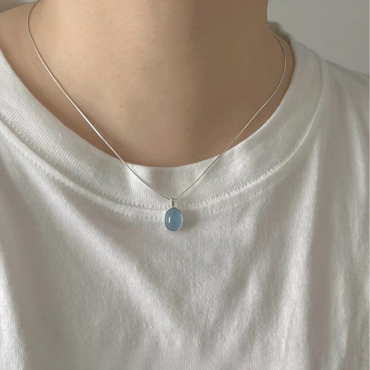 S925 Silver Sea Sapphire Pendant Necklace - Silvery
