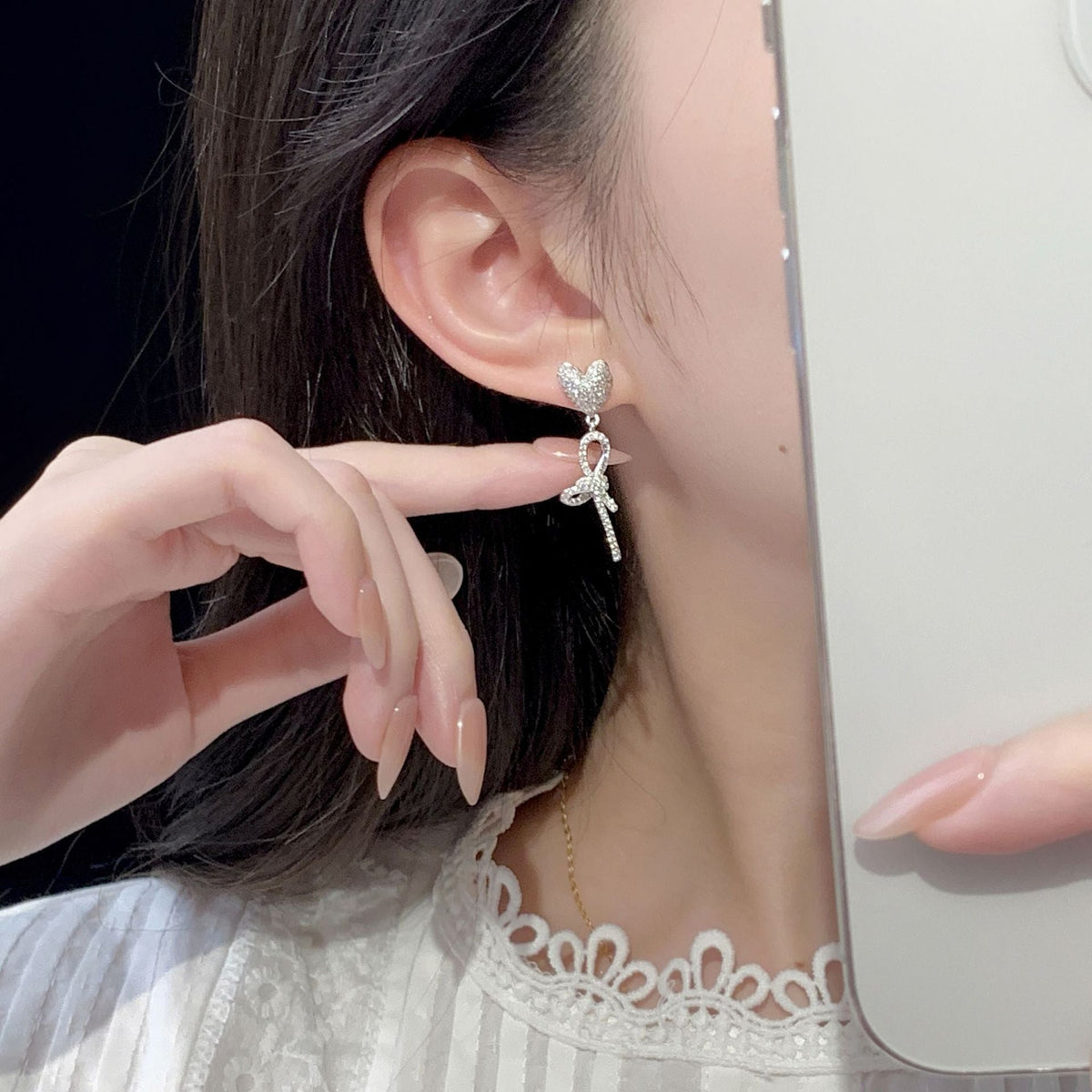 925 sterling silver heart-shaped long earrings