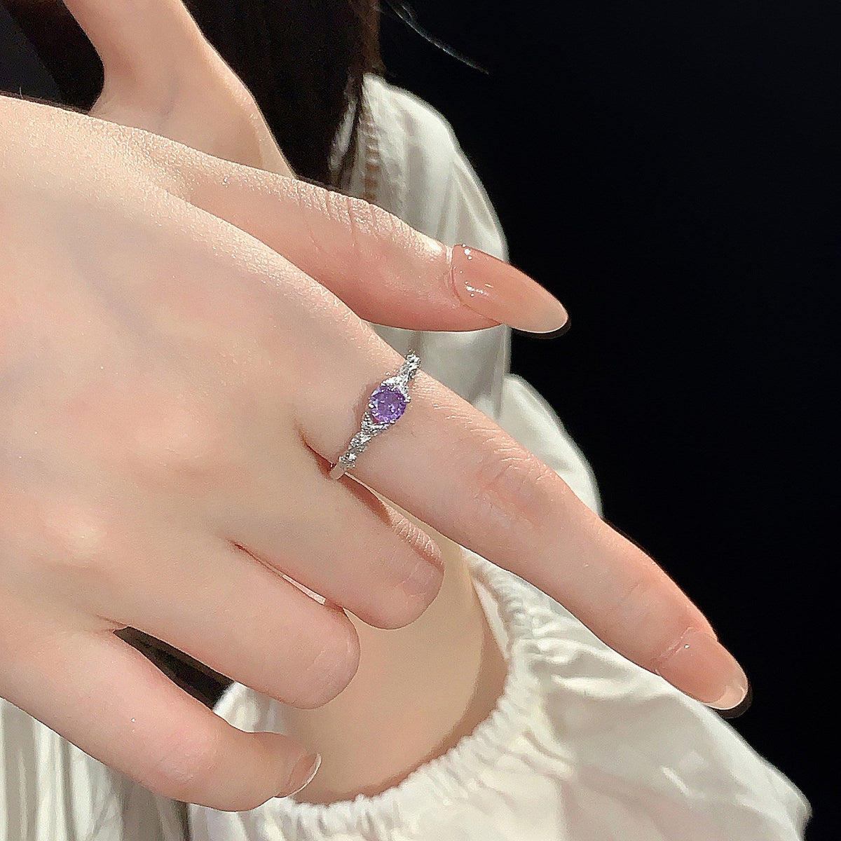 S925 Pure Silver Purple Sparkling Zirconia Ring - Silvery