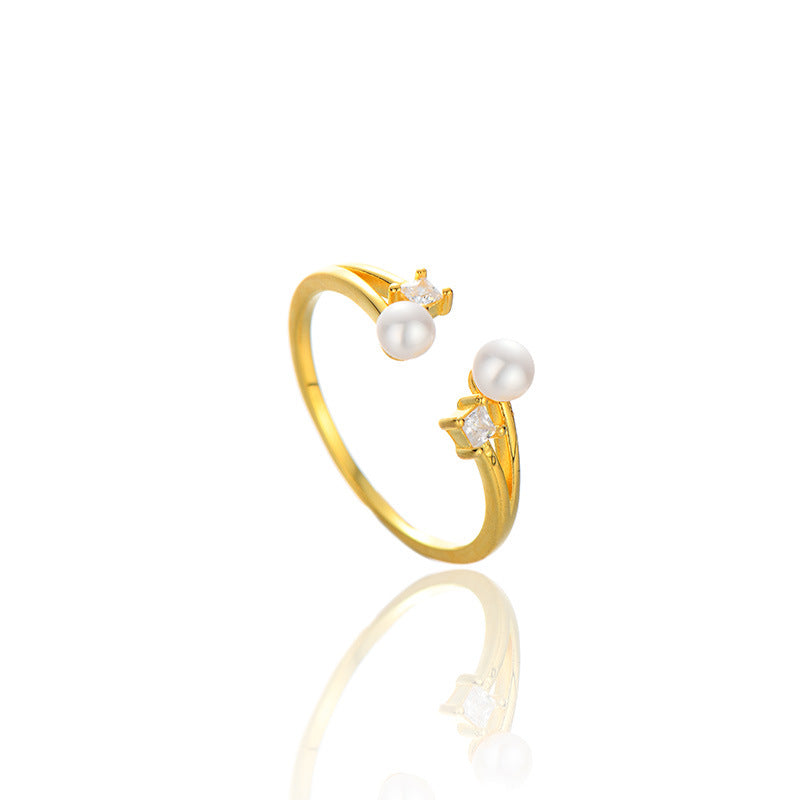 925 sterling silver pearl opening ring - golden