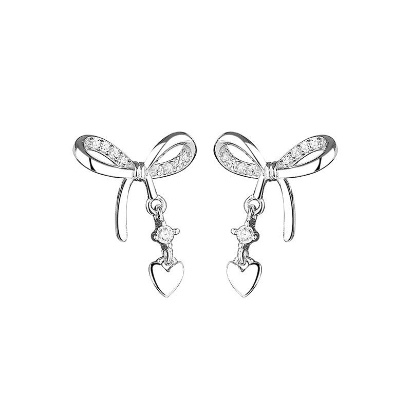 S925 sterling silver bow heart tassel earrings