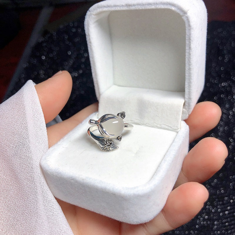 925 sterling silver white jade marrow fox opening ring - silvery