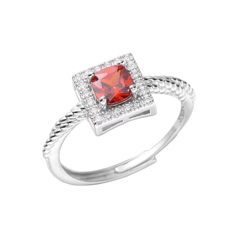 S925 Pure Silver Exquisite Red Zircon Open Ring - Silvery