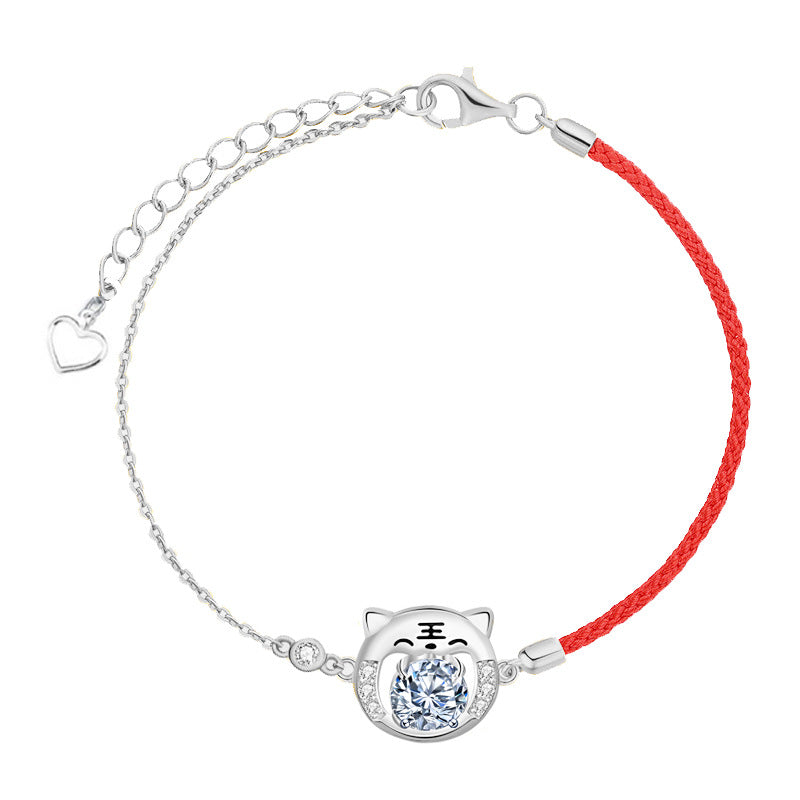 925 Sterling Silver Moissanite Tiger Red String Bracelet