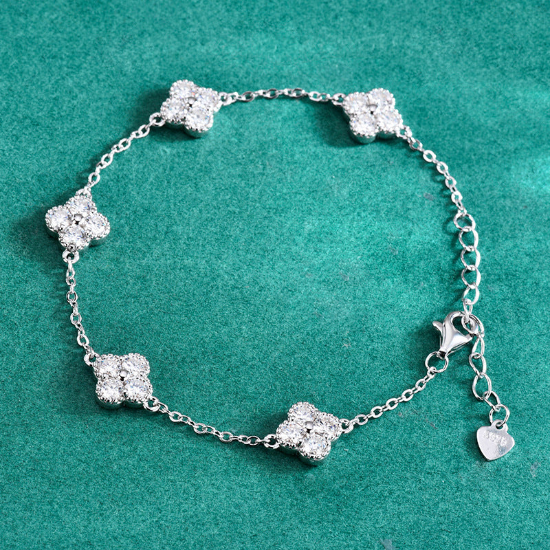 S925 Sterling Silver Moissanite Four-Leaf Clover Bracelet
