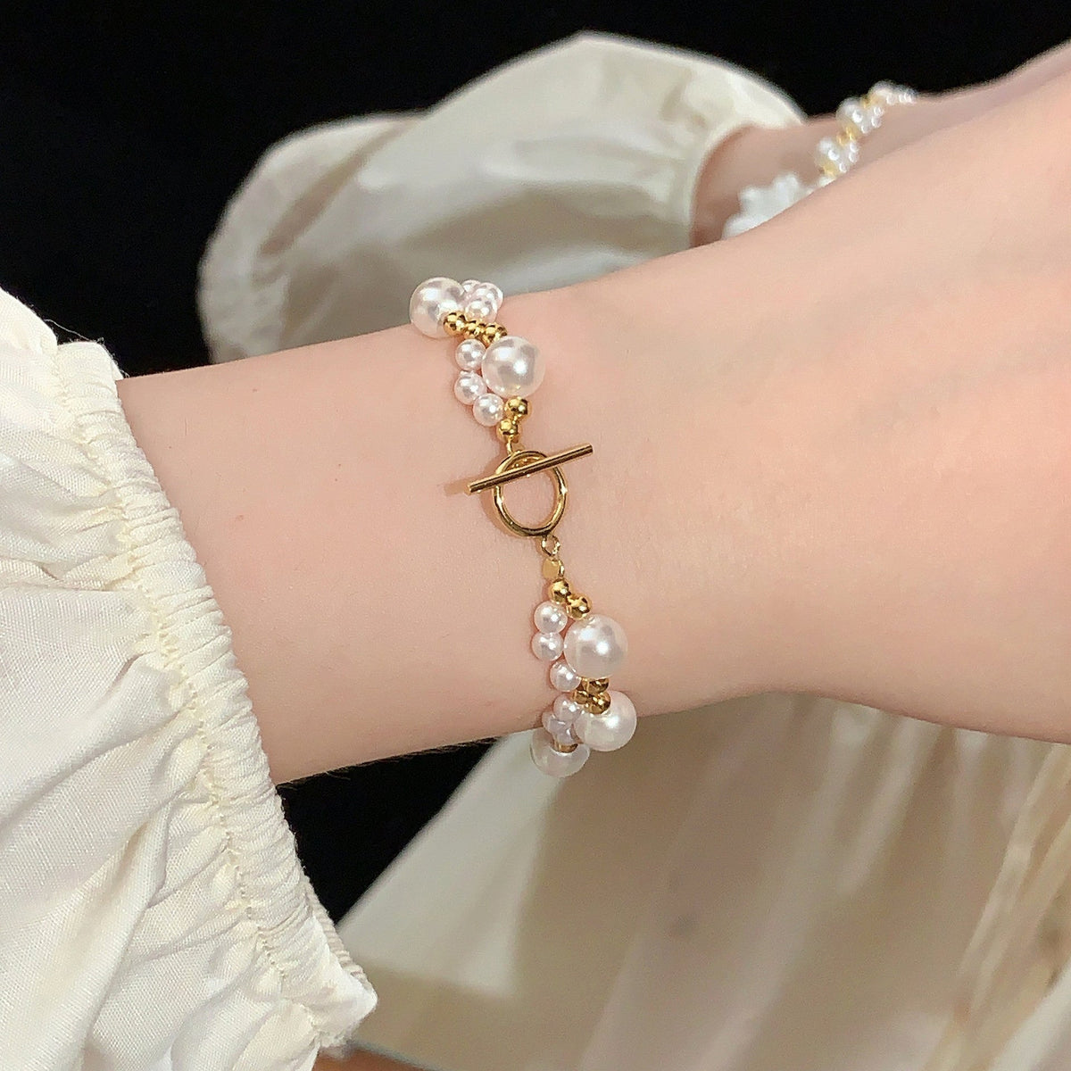 925 sterling silver imitation pearl OT buckle bracelet
