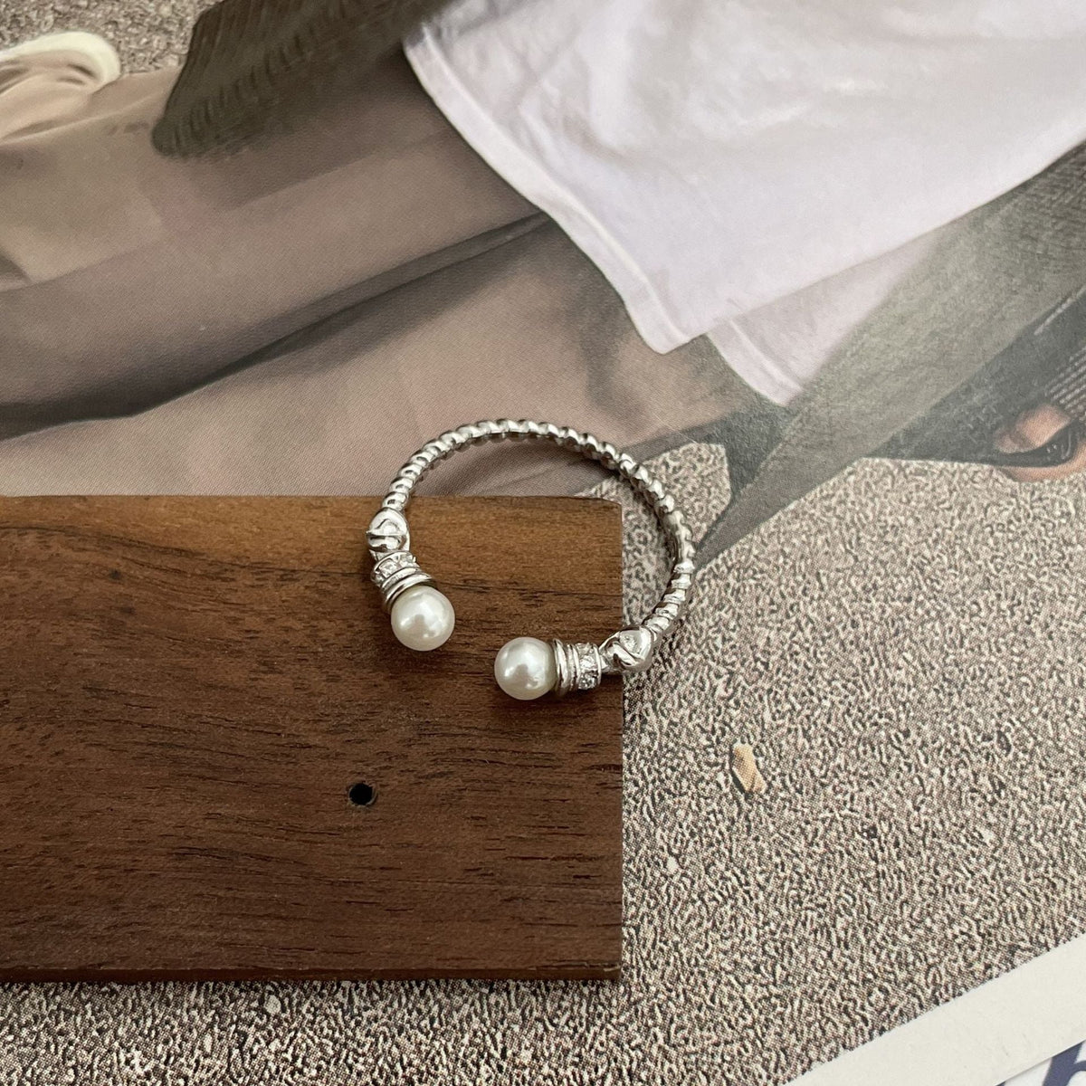 925 sterling silver  pearl open ring - silvery