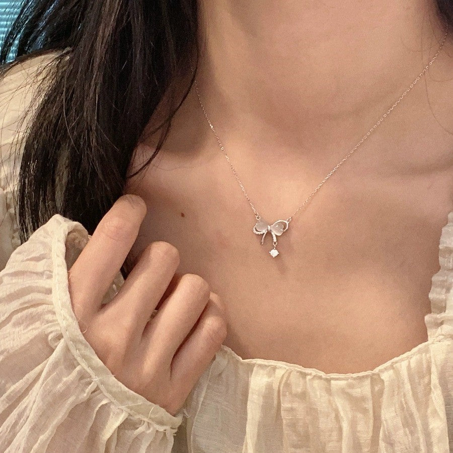 925 sterling silver bowknot pendant necklace - silvery
