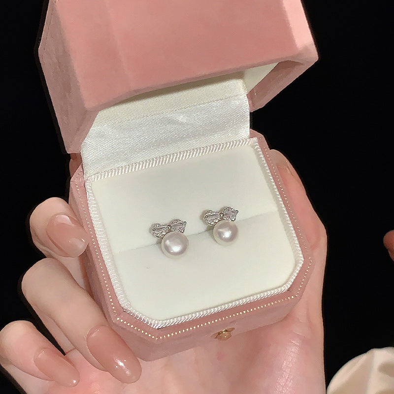 S925 sterling silver freshwater pearl bow earrings