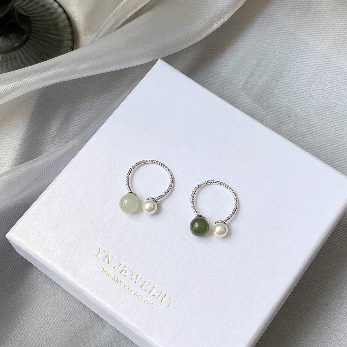 925 Silver Hetian Jade Pearl Open Ring - Silvery