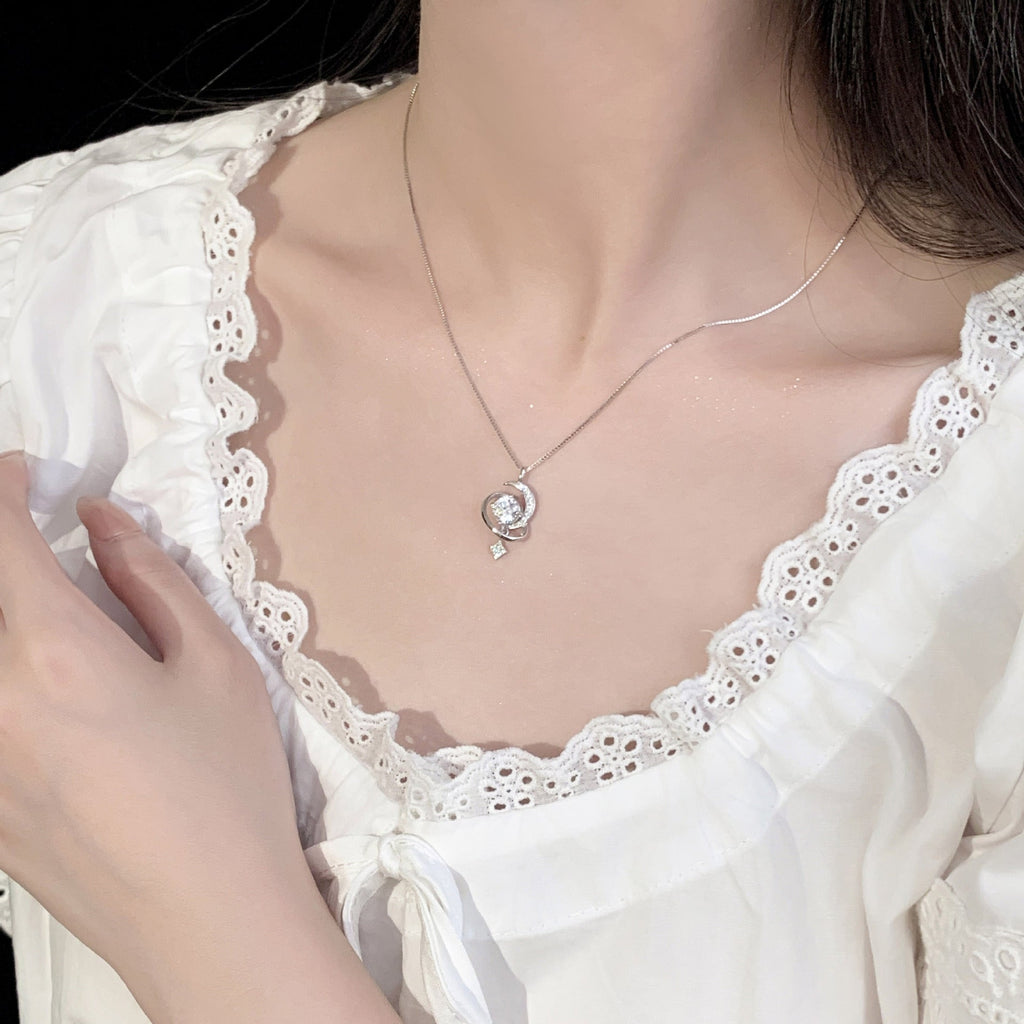 925 sterling silver star and moon pendant necklace - silvery