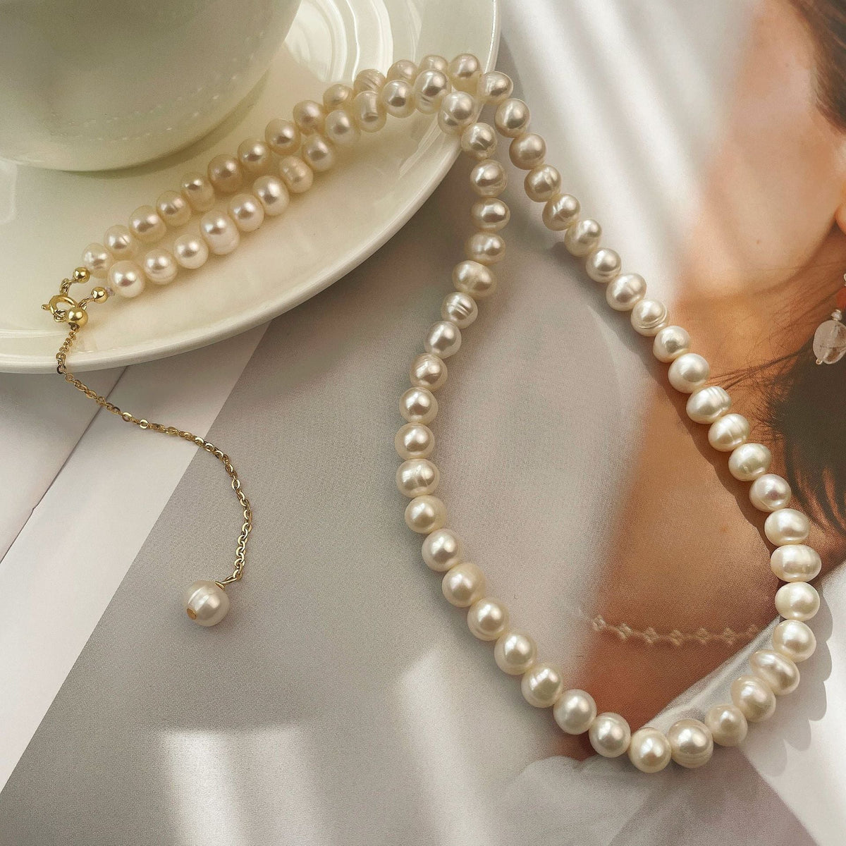 S925 pure silver freshwater pearl bead necklace