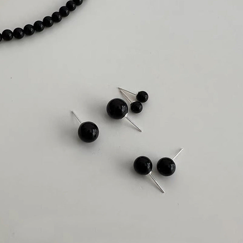 S925 sterling silver black agate earrings - silvery