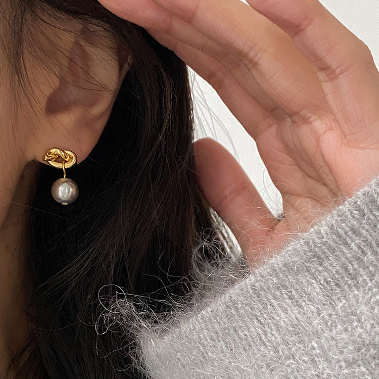 925 sterling silver gray imitation pearl earrings - golden