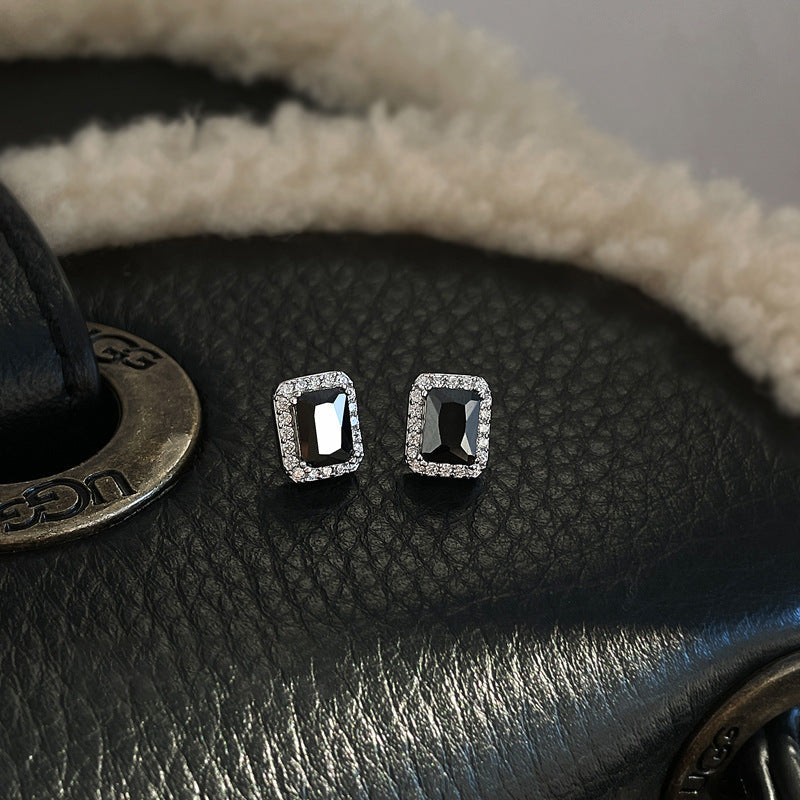 S925 sterling silver black zircon square earrings - silvery