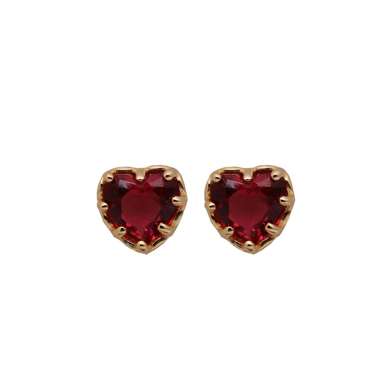 S925 sterling silver red heart earrings - champagne golden