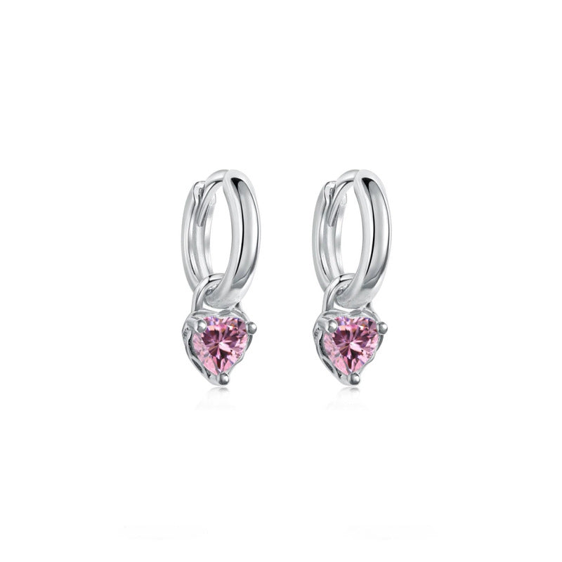 S925 Silver Pink Sparkling Zirconia Heart Earrings - Silvery