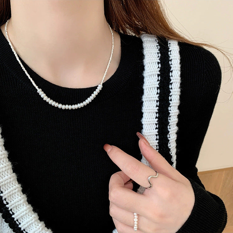 925 sterling silver broken silver freshwater pearl bead necklace - silvery