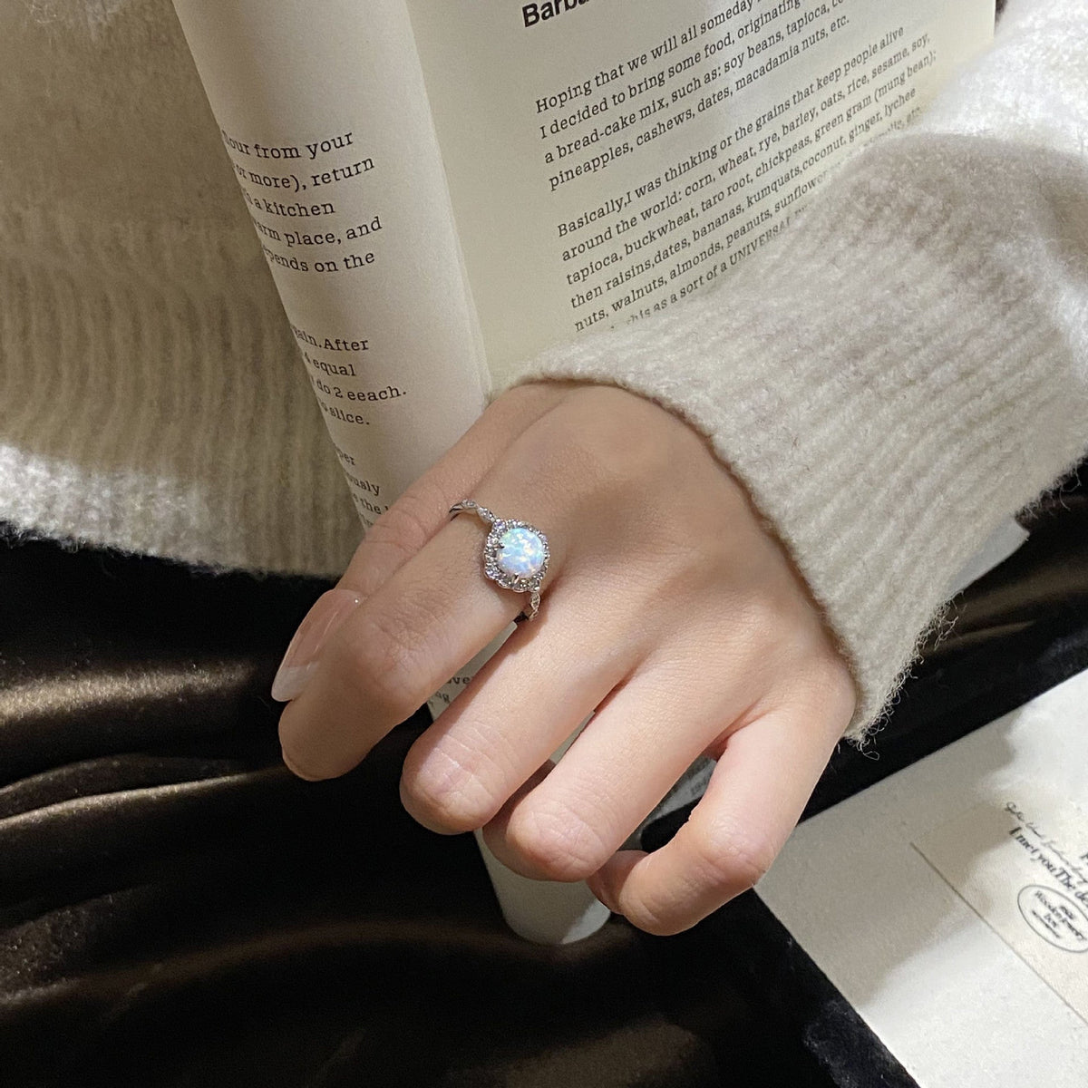 S925 sterling silver sparkling zirconium opal ring - silvery