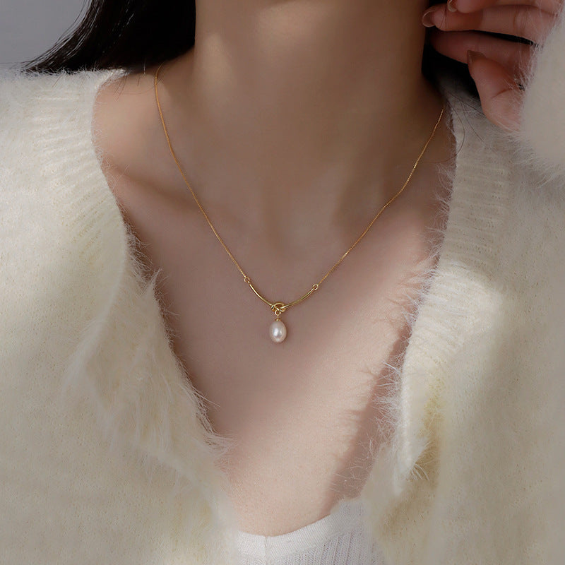 S925 pure silver single freshwater pearl knot necklace