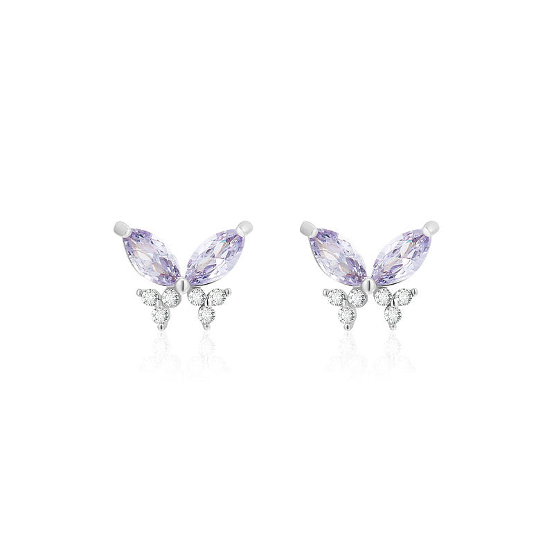 999 Silver Inlaid Purple Zirconia Butterfly Earrings - Silver