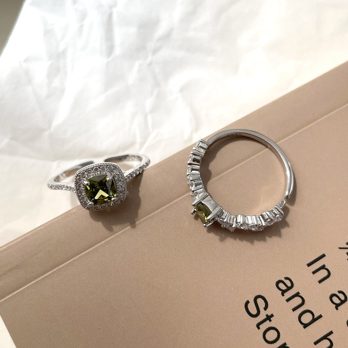S925 pure silver olive green square zircon ring