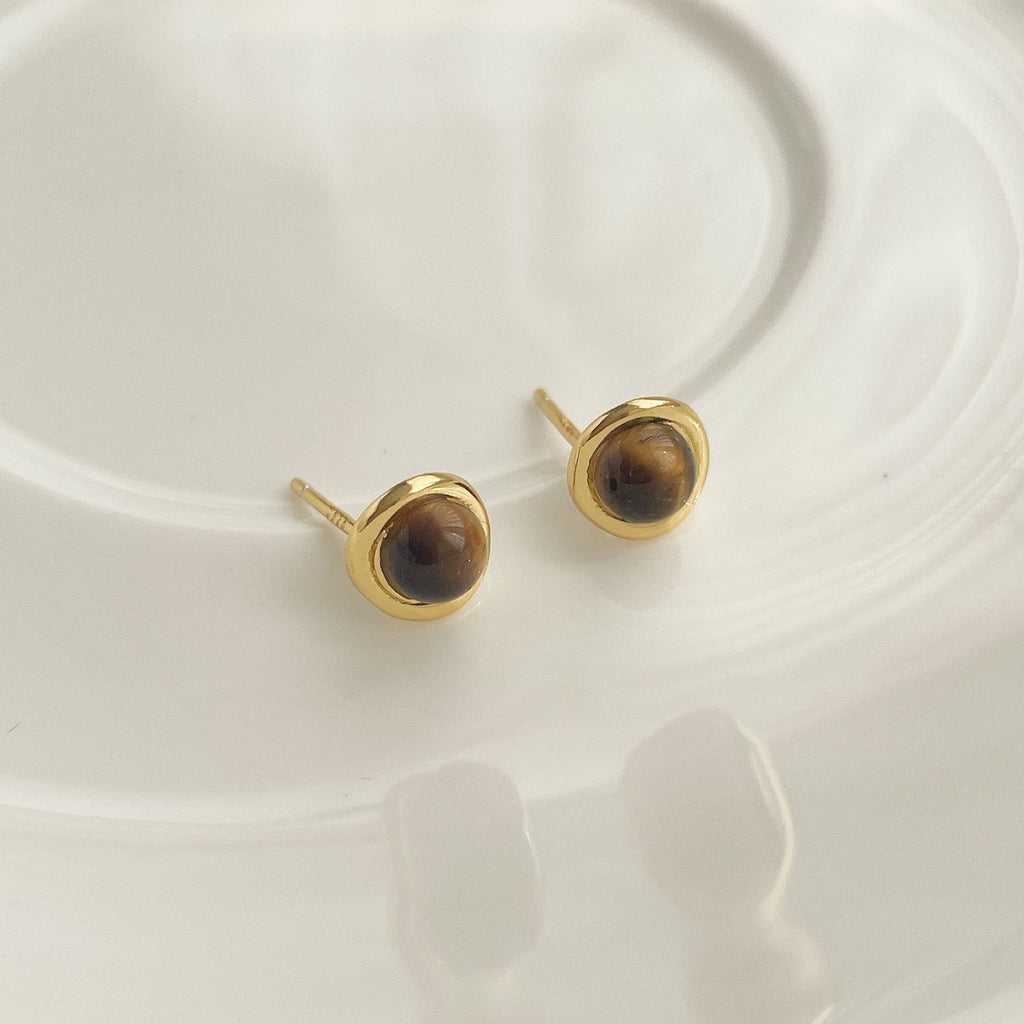 S925 sterling silver tiger eye stone earrings - golden