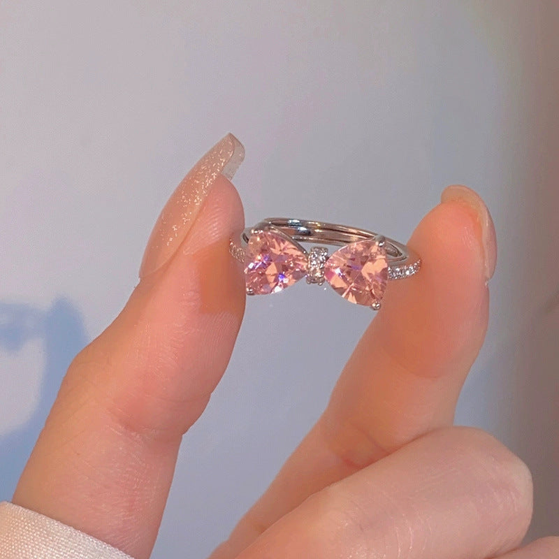 925 sterling silver cute pink zircon bow ring