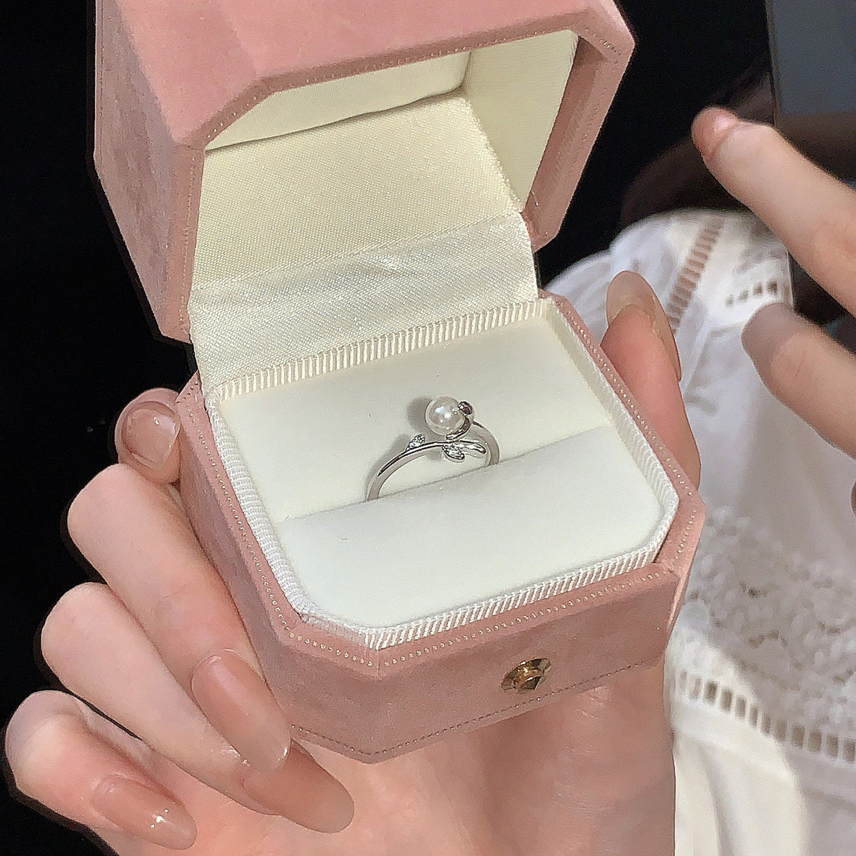 S925 sterling silver imitation pearl ring - silvery