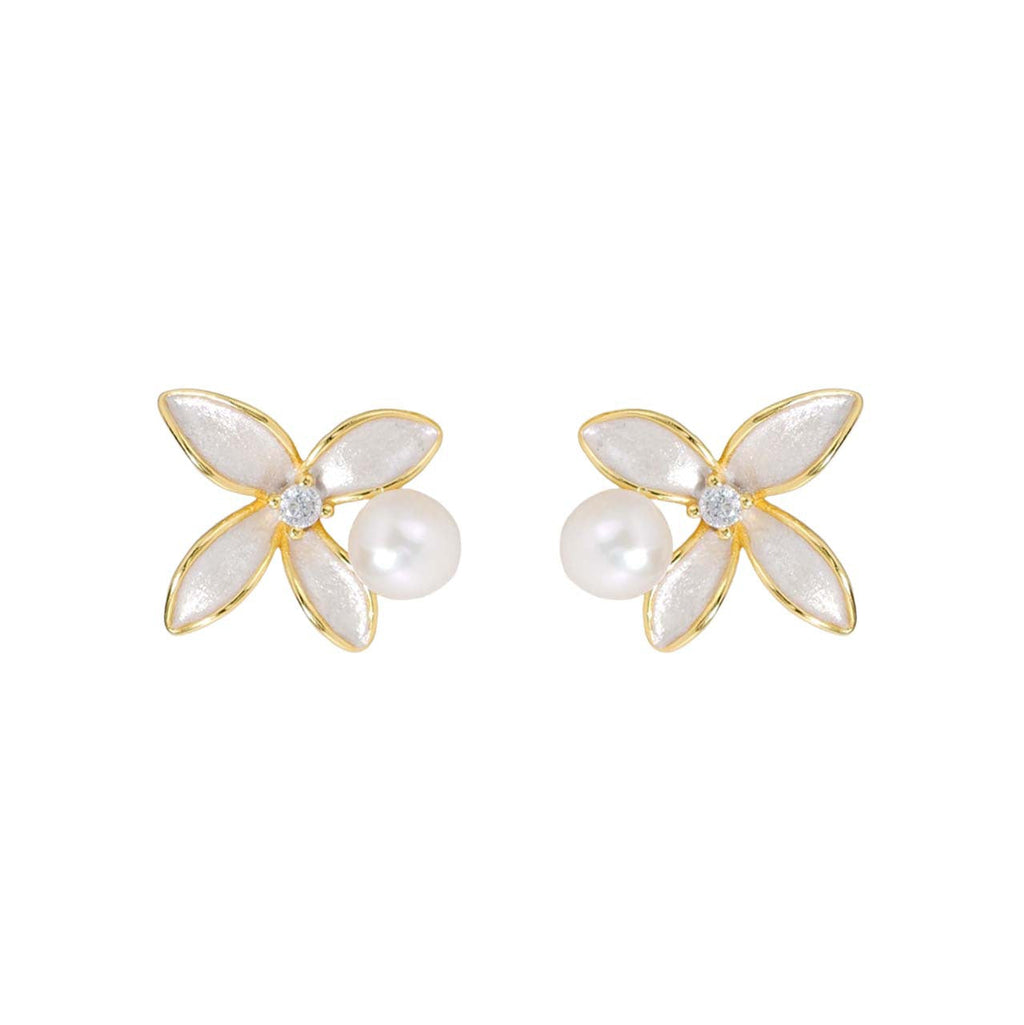 S925 sterling silver freshwater pearl flower earrings - golden