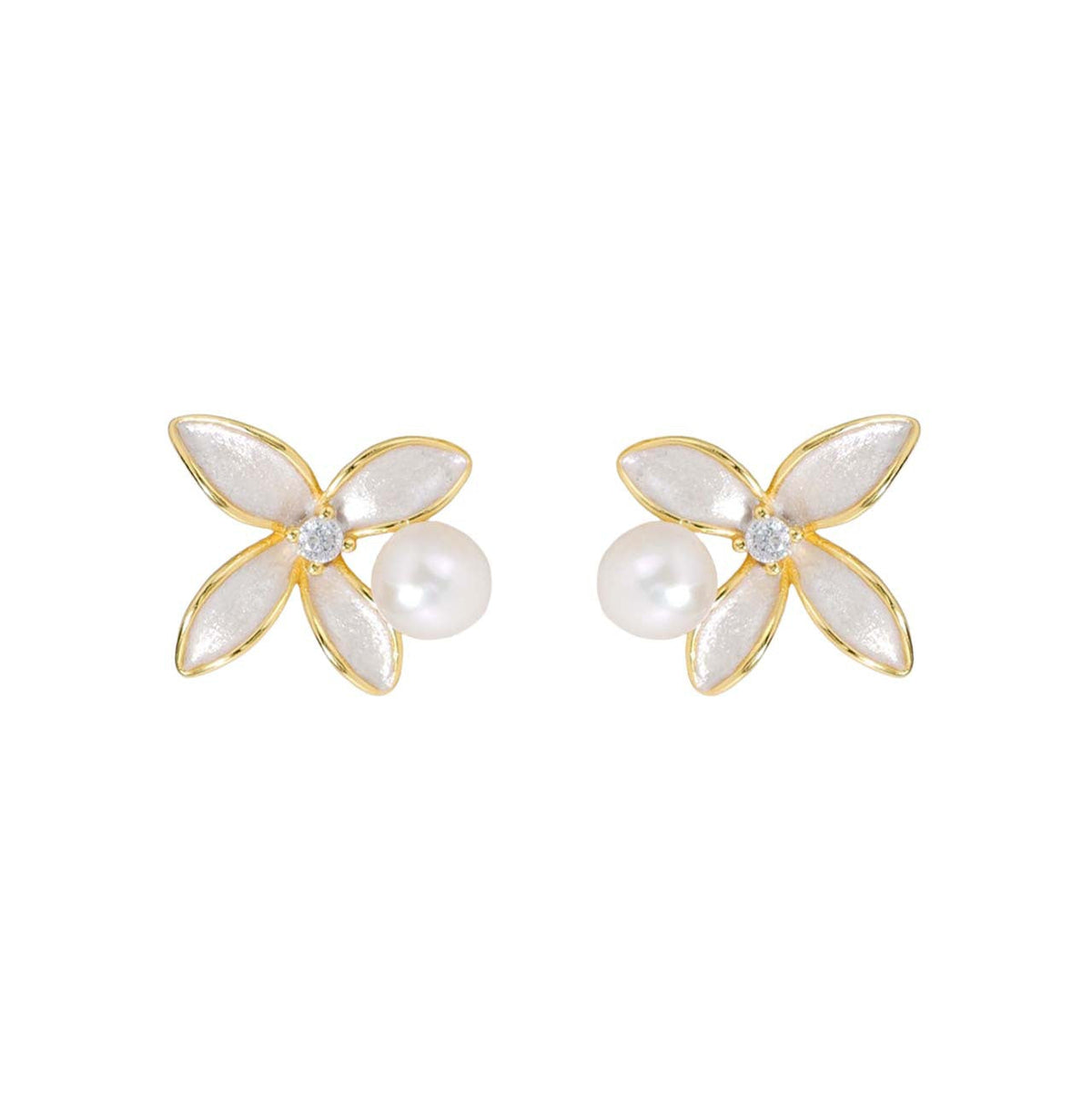 S925 sterling silver freshwater pearl flower earrings - golden