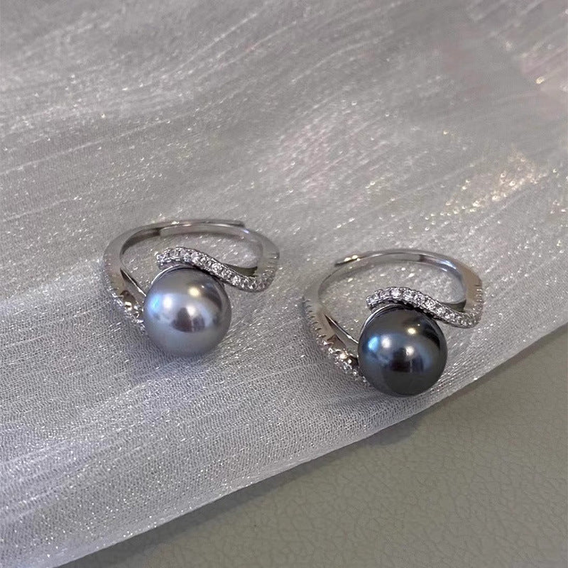 S925 sterling silver imitation pearl with sparkling zirconium ring - silvery