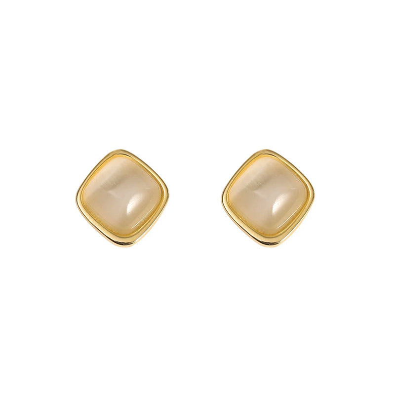 S925 sterling silver imitation cat eye stone square earrings - golden