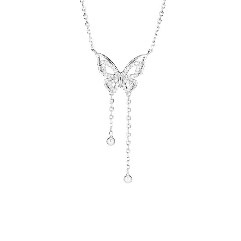 S925 sterling silver butterfly bead tassel necklace