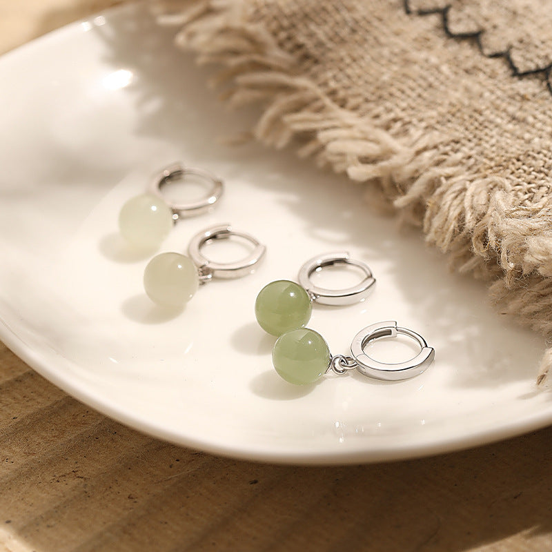 S925 Sterling Silver Hotan Jade Pendant Earrings - Silvery