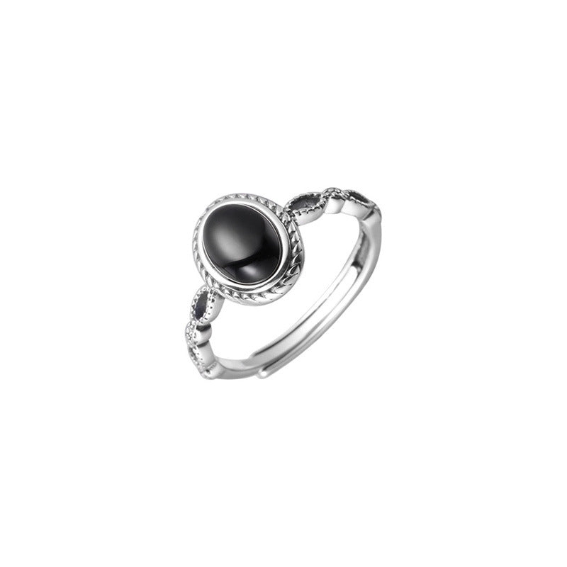 S925 sterling silver oval black agate ring-silvery