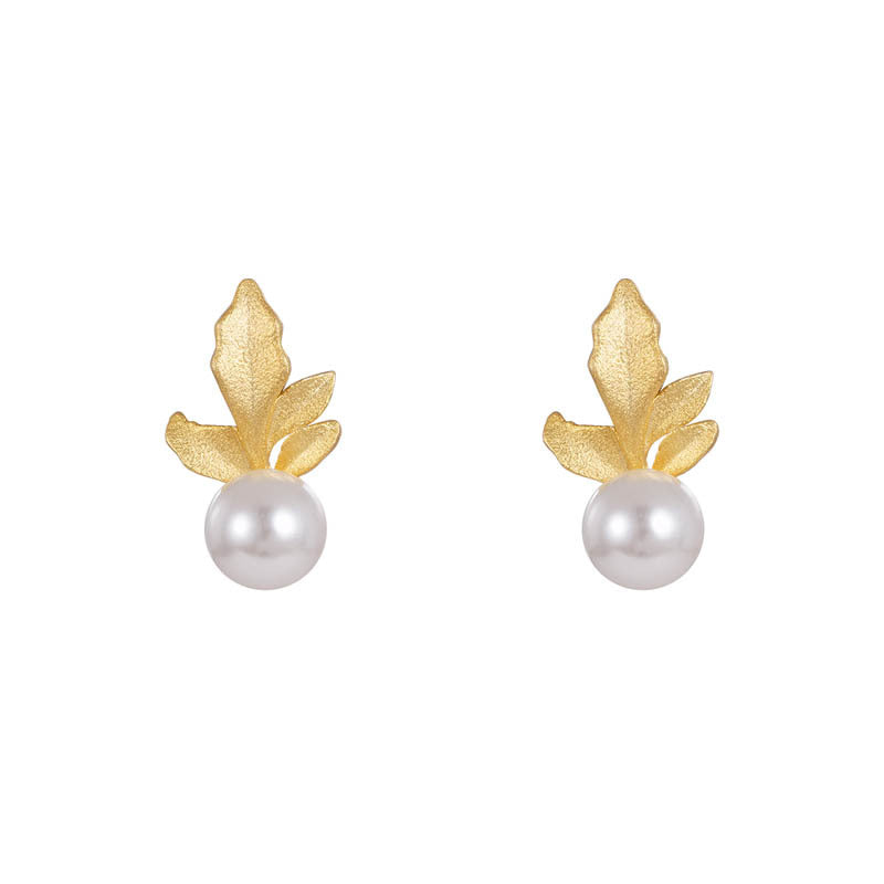 925 sterling silver freshwater pearl leaf earrings - golden