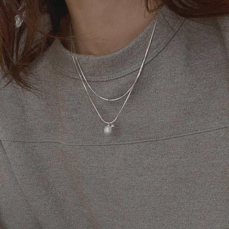 925 sterling silver freshwater pearl double layered necklace - silvery