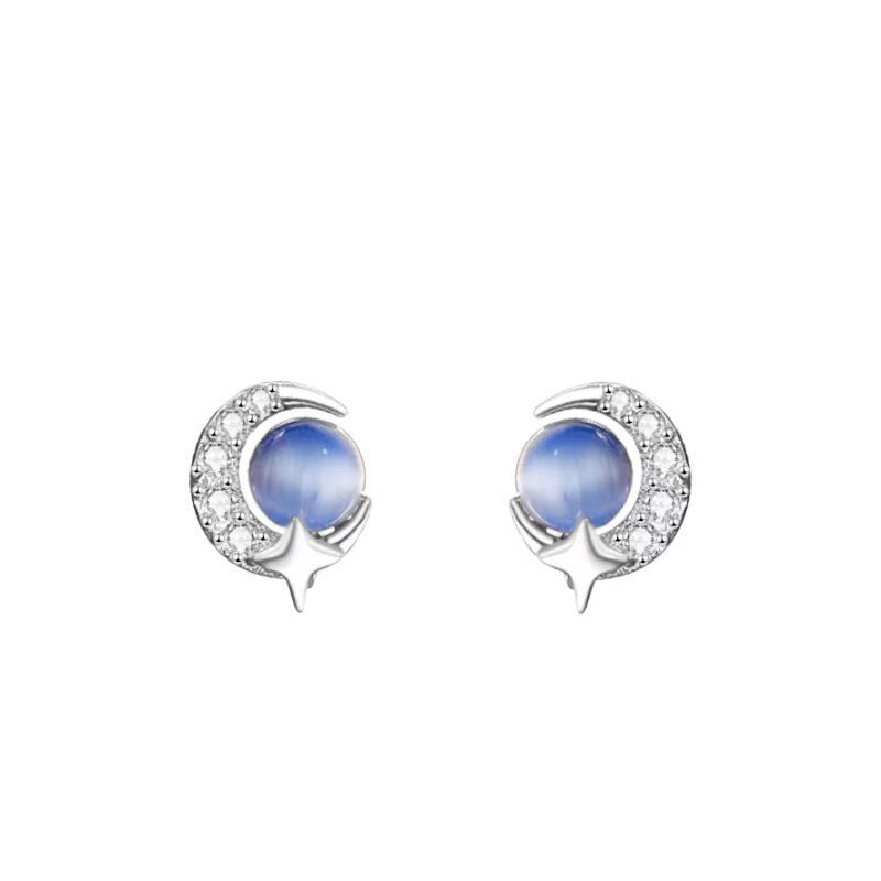 S925 sterling silver cat eye stone earrings - silvery