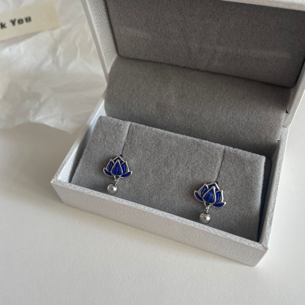 S925 sterling silver blue lotus earrings - silvery
