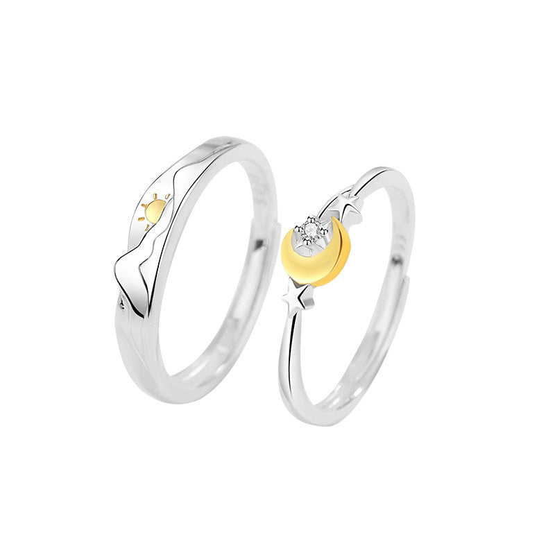 999 Silver Sun Moon Star Couple Ring - Silvery