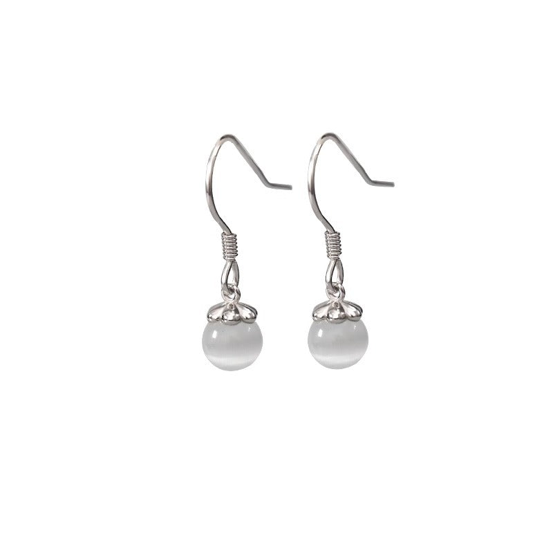 S925 sterling silver cat eye stone pendant earrings - silvery