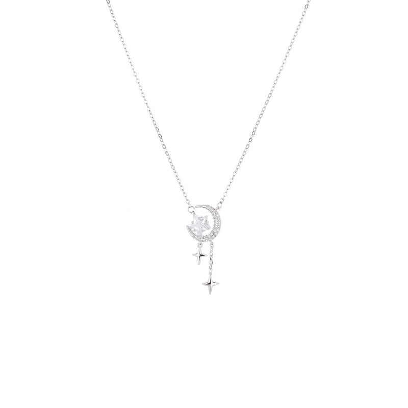 S925 sterling silver star and moon pendant necklace - silvery